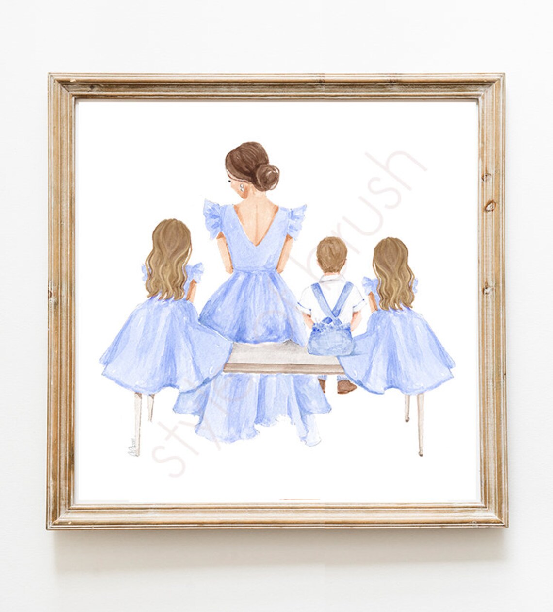 Brunette Mother with Three Children in Blue Dresses Family Poster - Image 2