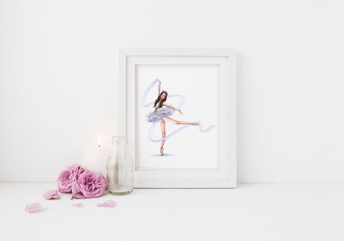 Ballerina Dancing Watercolor Art Poster with Blue Tutu and Ribbon - Image 2