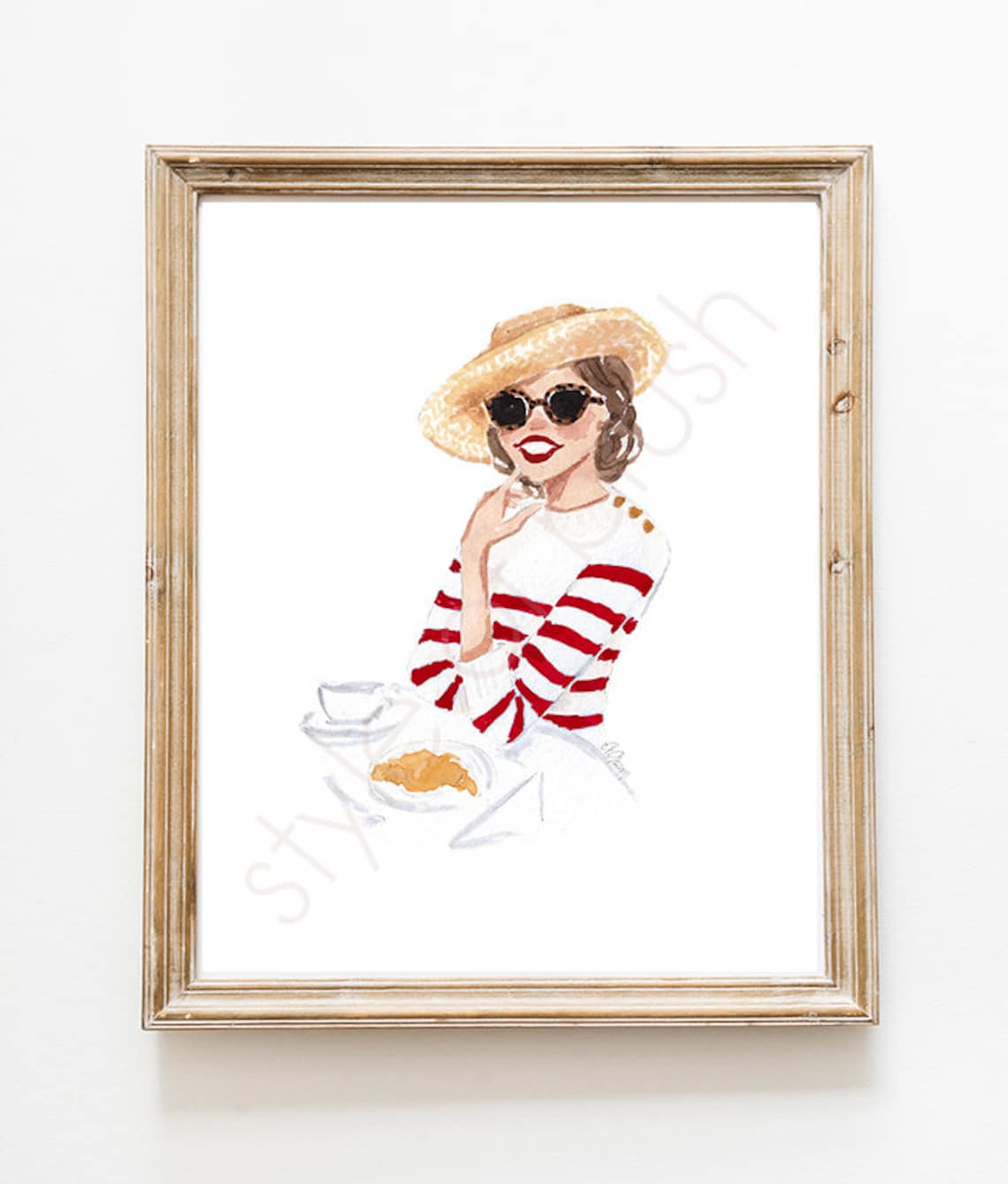 Parisian Cafe Girl in Striped Top and Straw Hat Watercolor Poster - Image 2