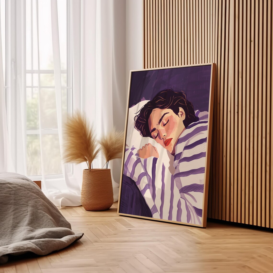 Sleeping Woman In Purple Striped Top Calm Vintage Art Poster - Image 3