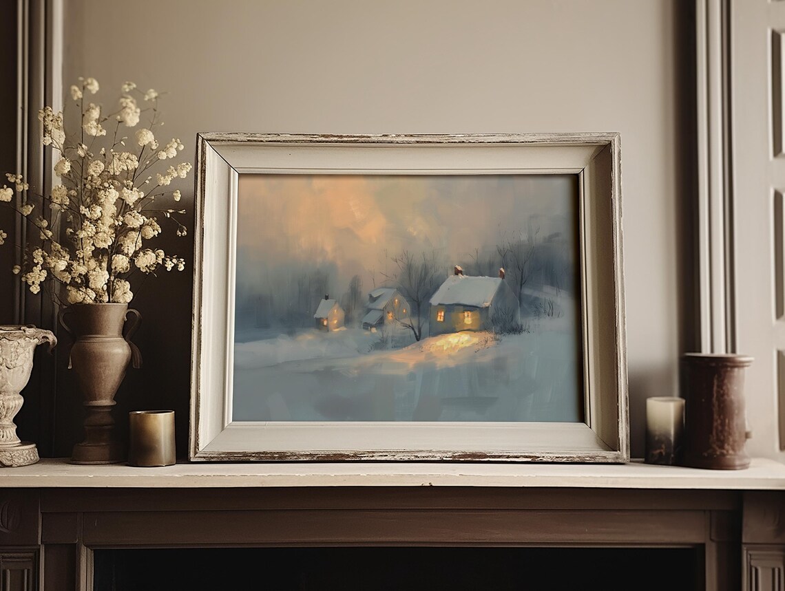 Snowy Winter Village Dusk Cozy Cabin Vintage Oil Painting Poster - Image 2