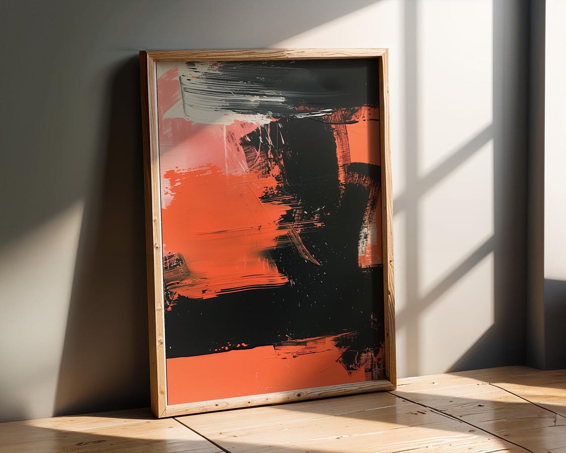 Fiery Red Orange and Black Bold Gestural Abstract Painting Poster - Image 2