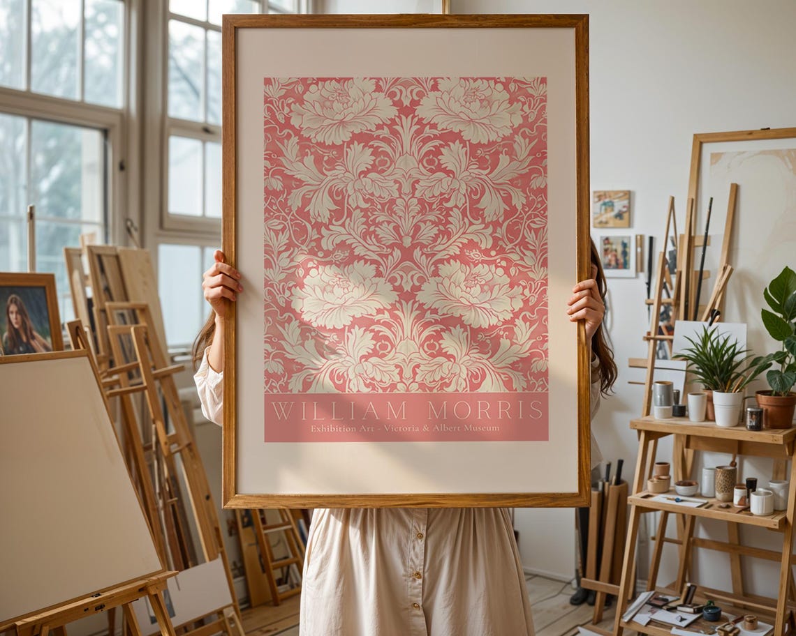 William Morris Pink Peony White Damask V&A Exhibition Art Poster - Image 2