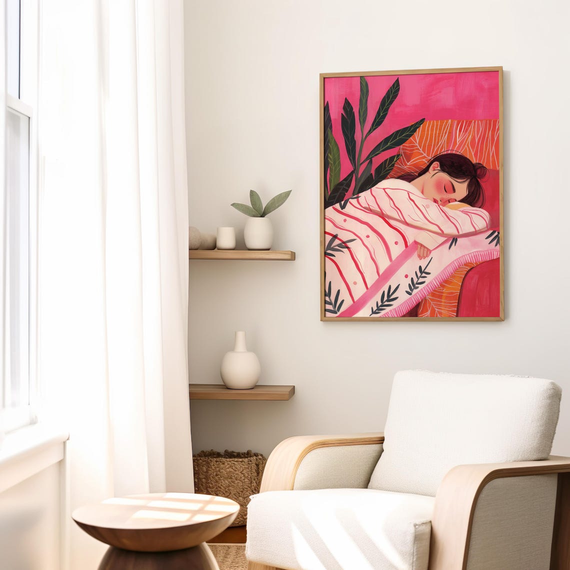 Sleeping Woman In Pink Striped Pajamas Leafy Botanical Poster - Image 3