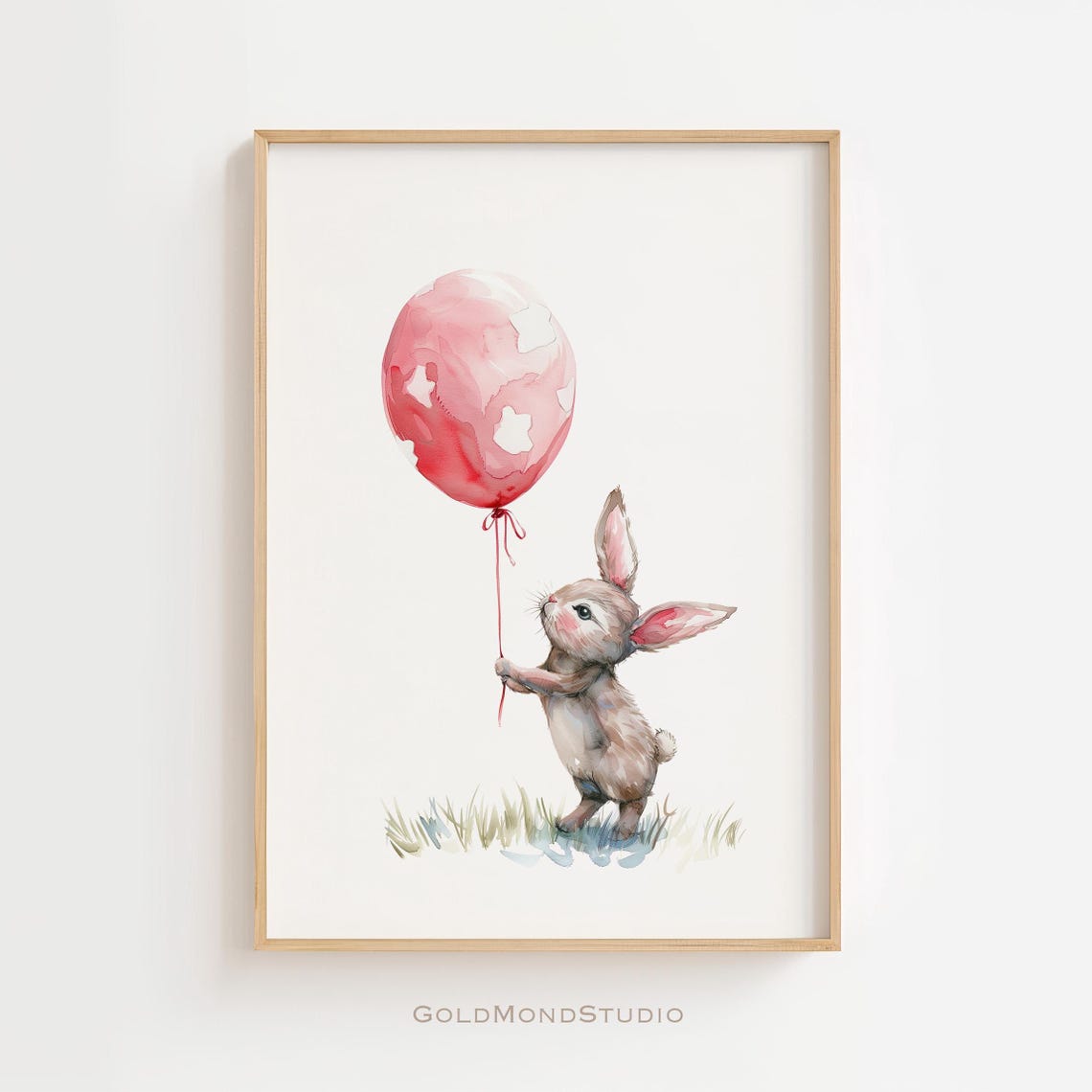 Baby Bunny Red Balloon Watercolor Cute Nursery Decor Wall Poster