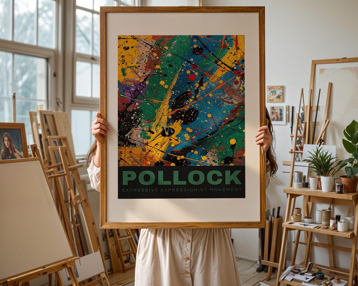 Pollock Bold Color Drips Abstract Poster with Green Lettering Band - Image 3