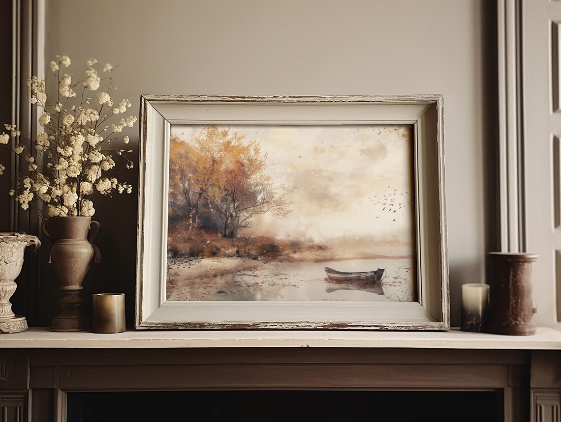 Golden Autumn Lakeside With Rowboat and Golden Trees Painting Poster - Image 3