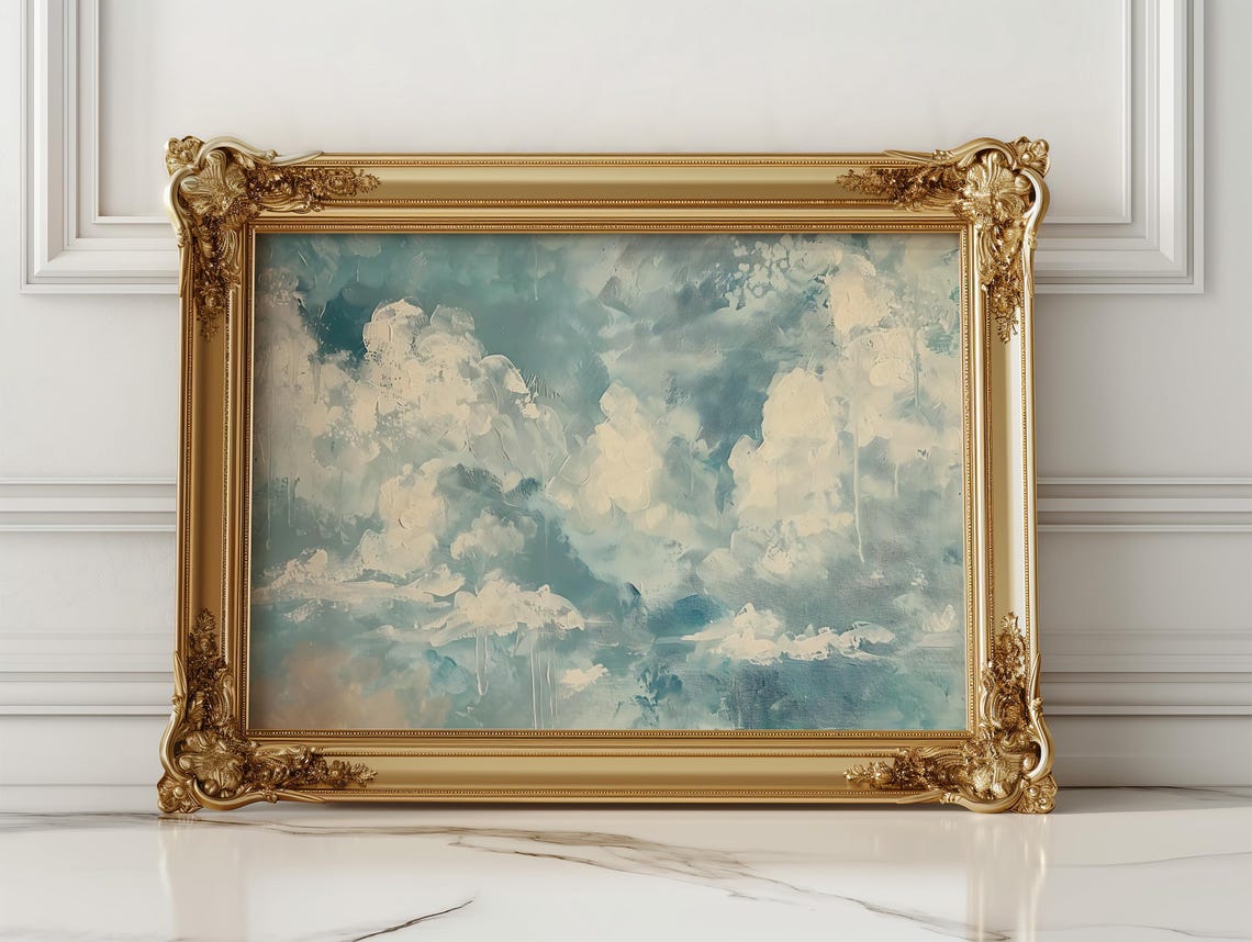 Teal Sky Billowing Clouds Impressionist Sky Fine Art Wall Poster - Image 2