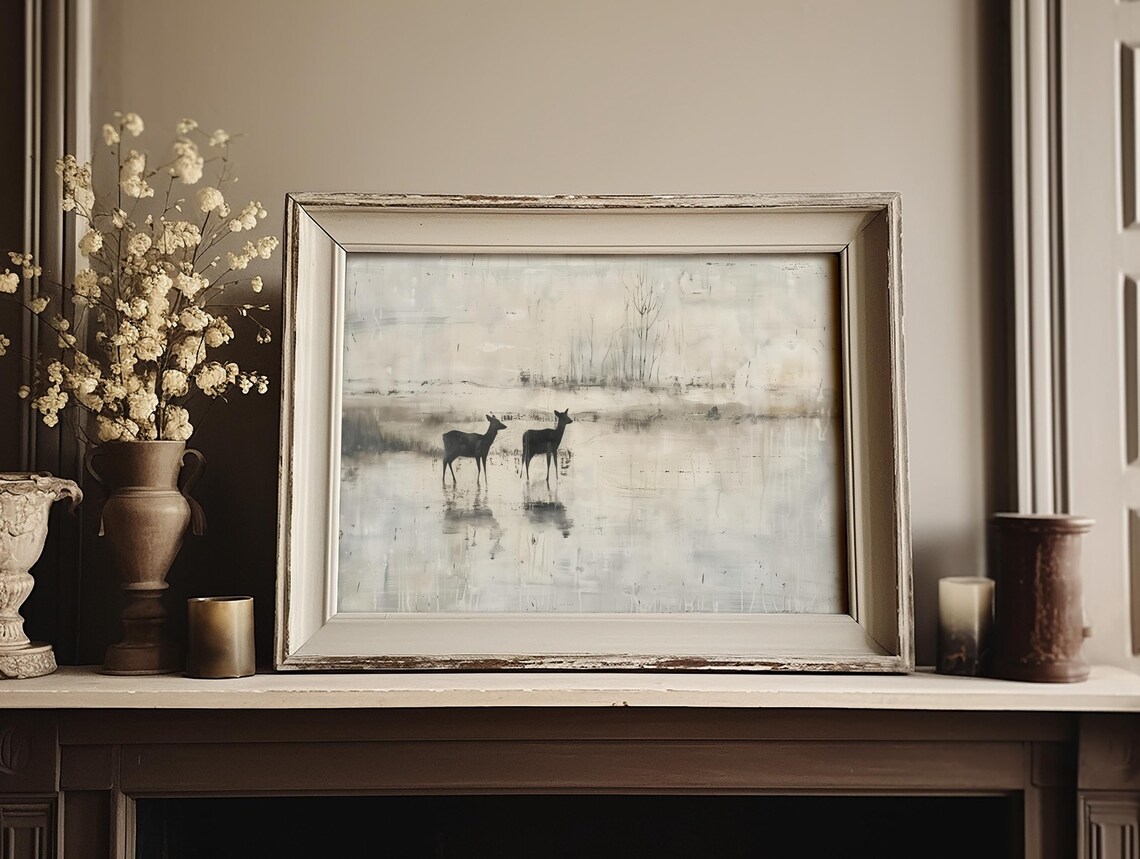 Two Deer Silhouettes Crossing A Snowy Winter Field Painting Poster - Image 3