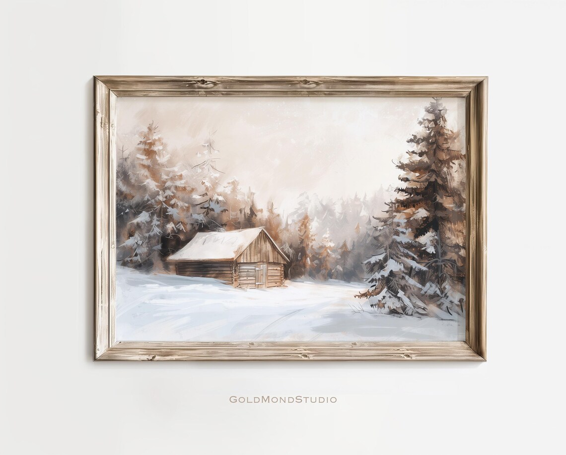 Snow Covered Log Cabin Among Tall Pine Trees Winter Scene Poster