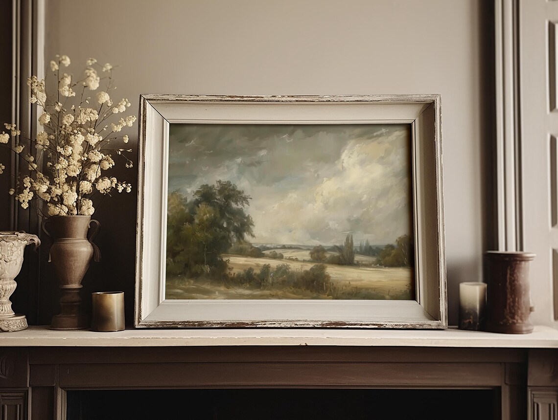 Moody Countryside Landscape With Golden Wheat Fields Painting Poster - Image 2