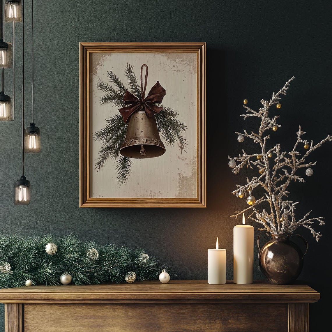 Antique Brass Bell With Burgundy Bow Pine Sprigs Rustic Poster - Image 3