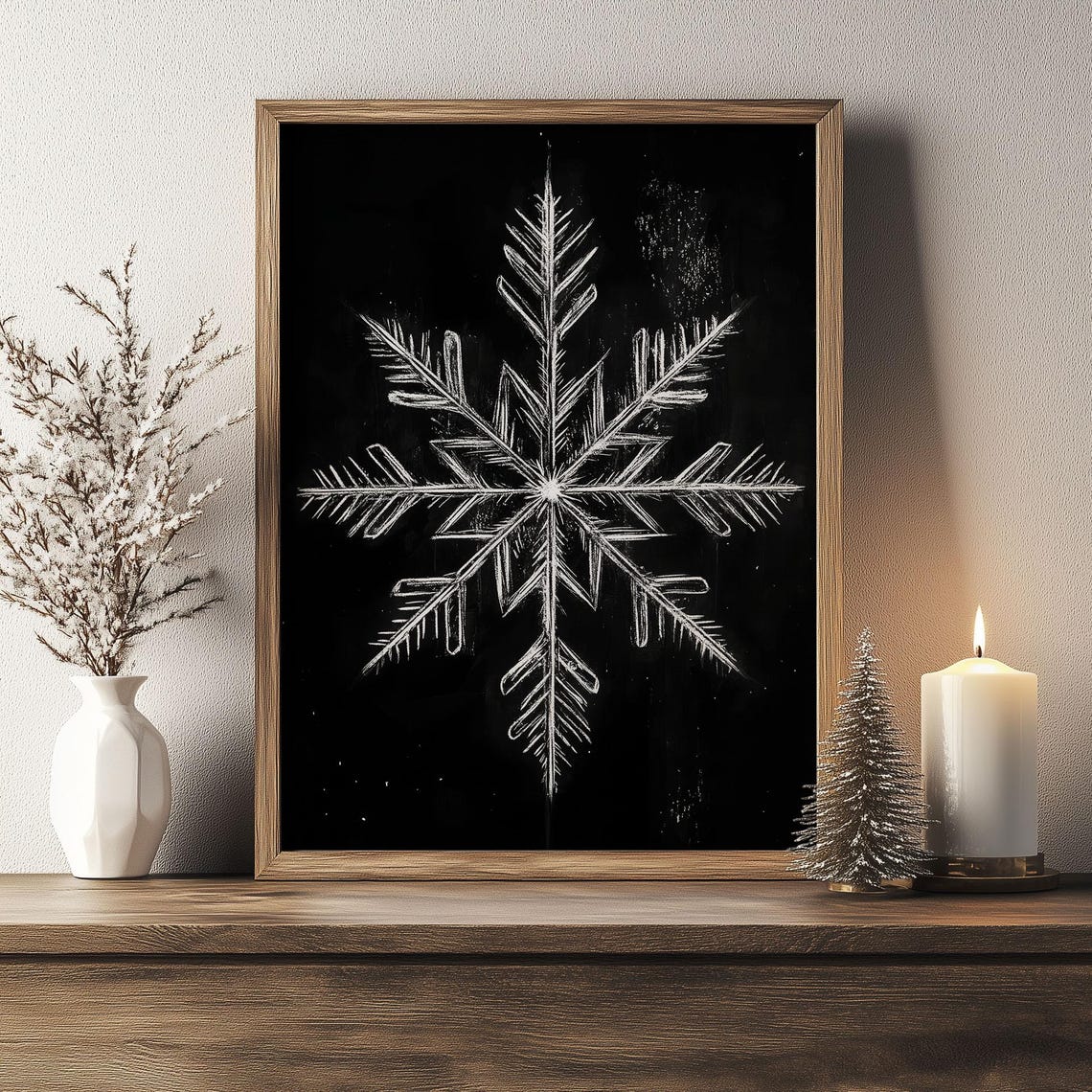 White Snowflake Chalk Drawing on Black Background Winter Poster - Image 3