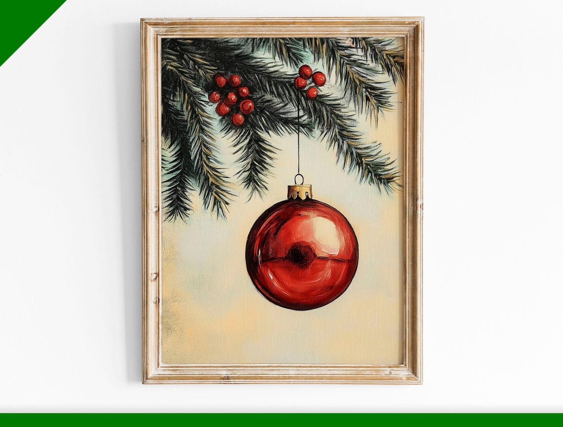 Glossy Red Christmas Bauble Hanging From Pine Branch Vintage Poster