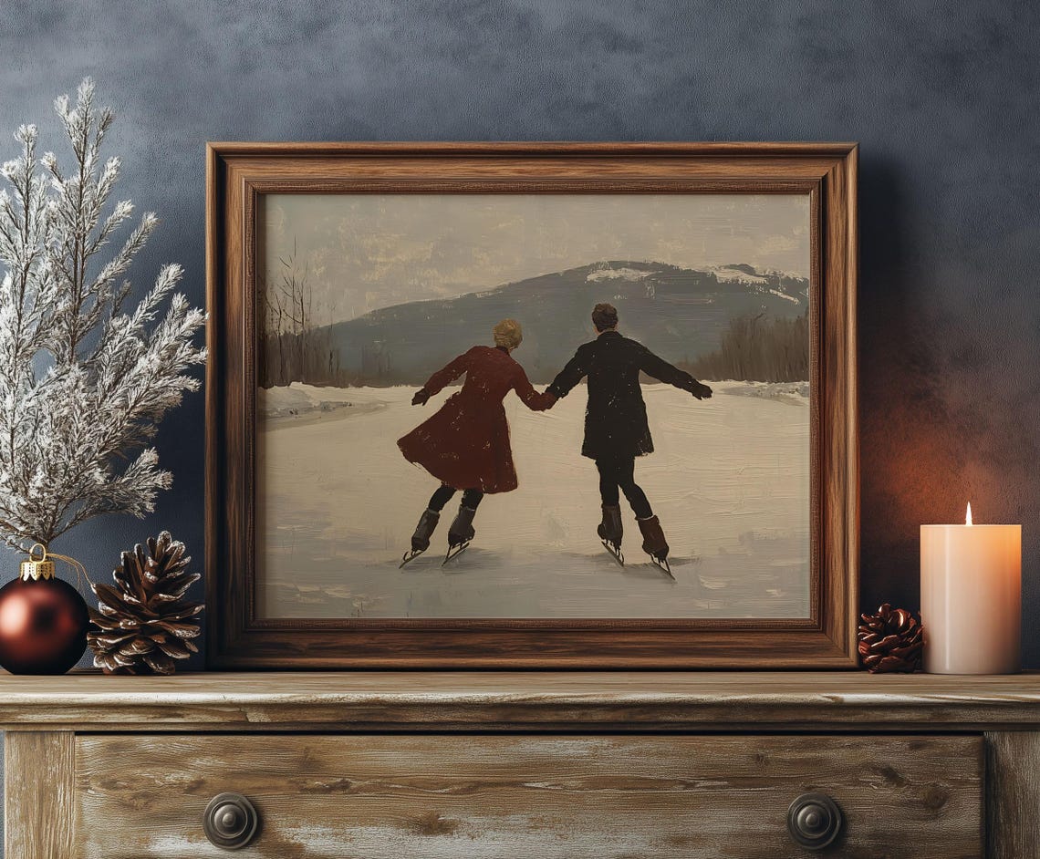 Romantic Couple Ice Skating Vintage Winter Mountain Landscape Poster - Image 3
