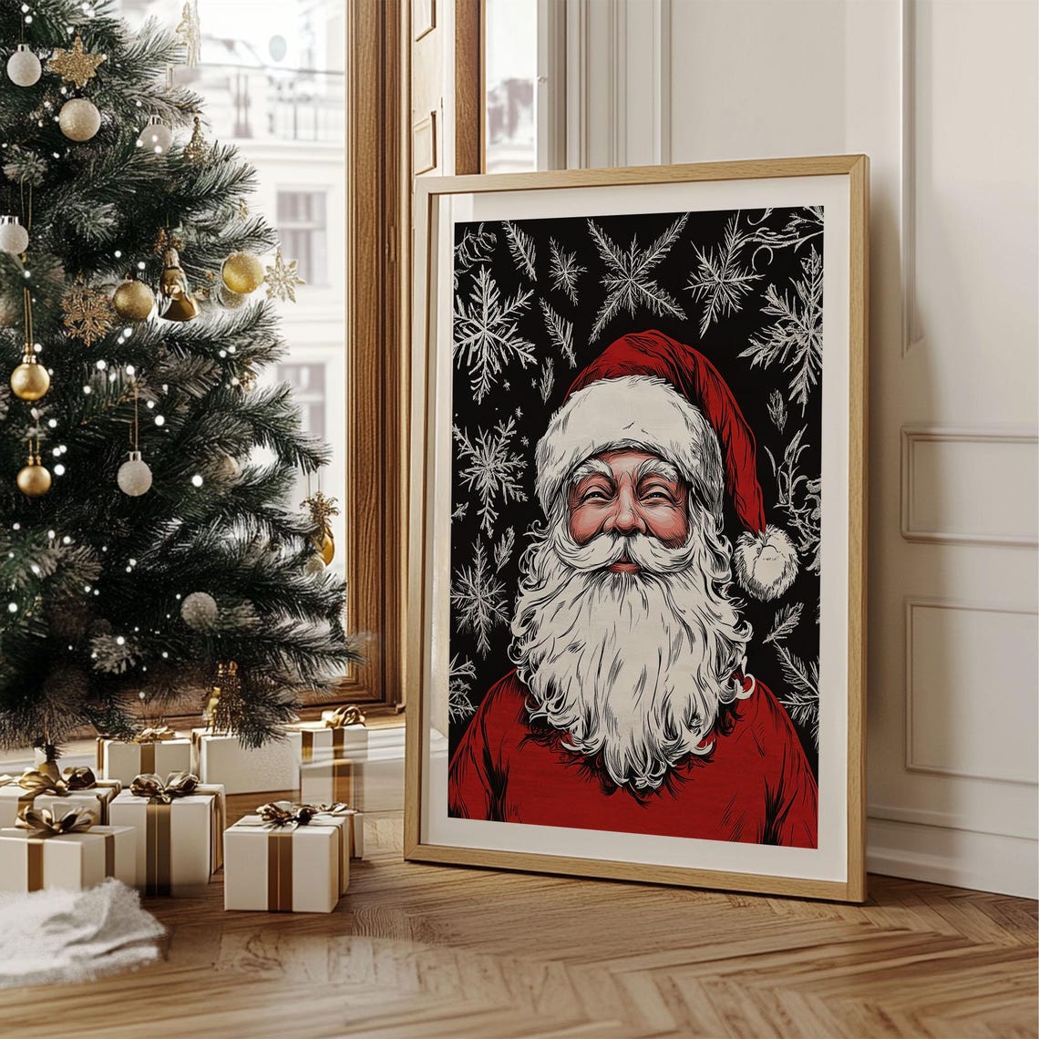 Smiling Santa Claus Portrait on Black Snowflake Background Poster - Image 5