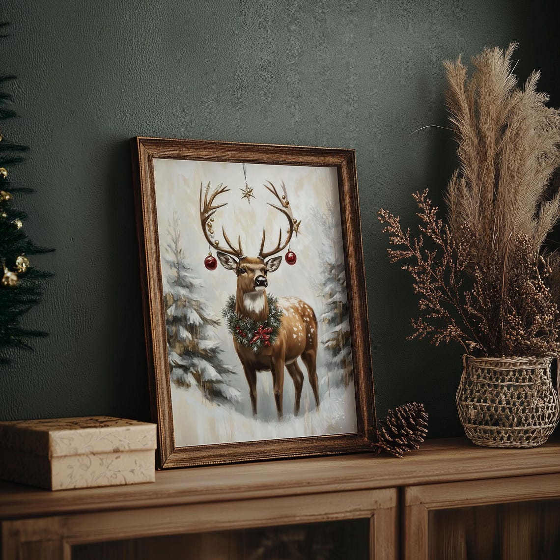 Festive Deer with Ornaments on Antlers and Wreath Christmas Poster - Image 7