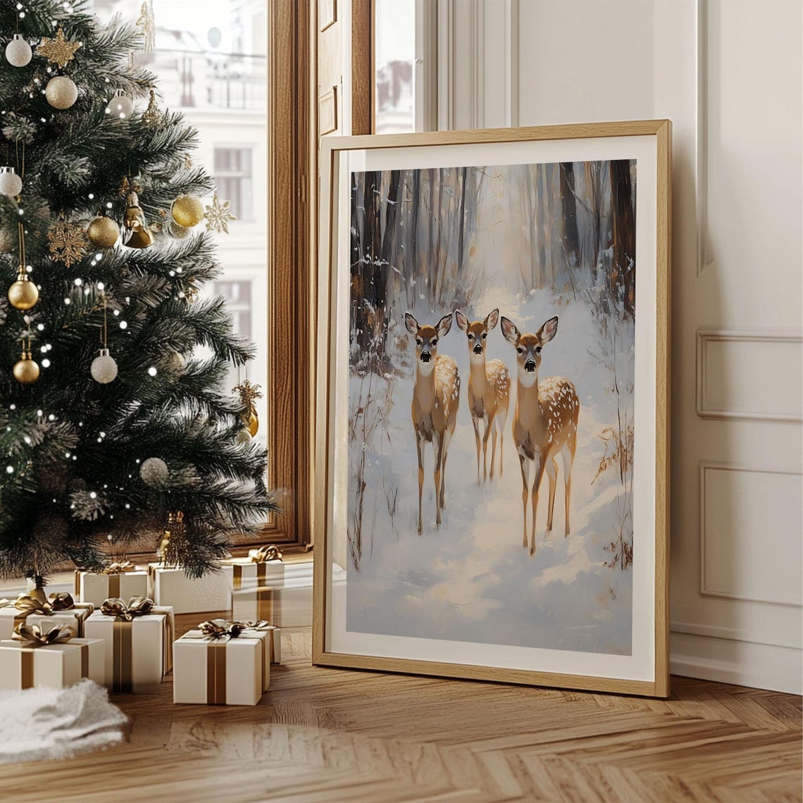 Three Deer Fawns in Snowy Winter Forest Vintage Wildlife Poster - Image 2