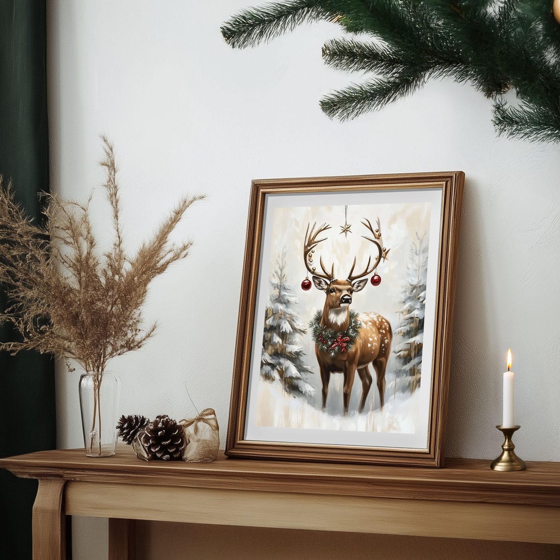 Festive Deer with Ornaments on Antlers and Wreath Christmas Poster - Image 4