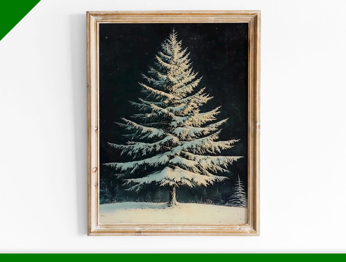 Moonlit Snowy Evergreen Dark Night Sky Vintage Winter Tree Poster