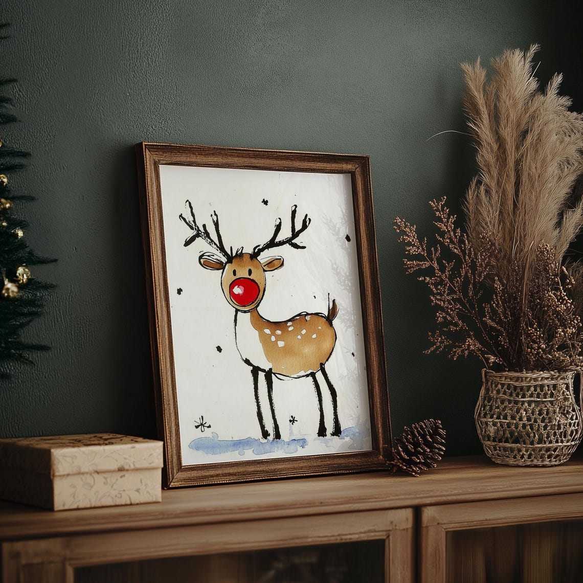 Cute Red Nose Reindeer Ink Watercolor Whimsical Christmas Poster - Image 6
