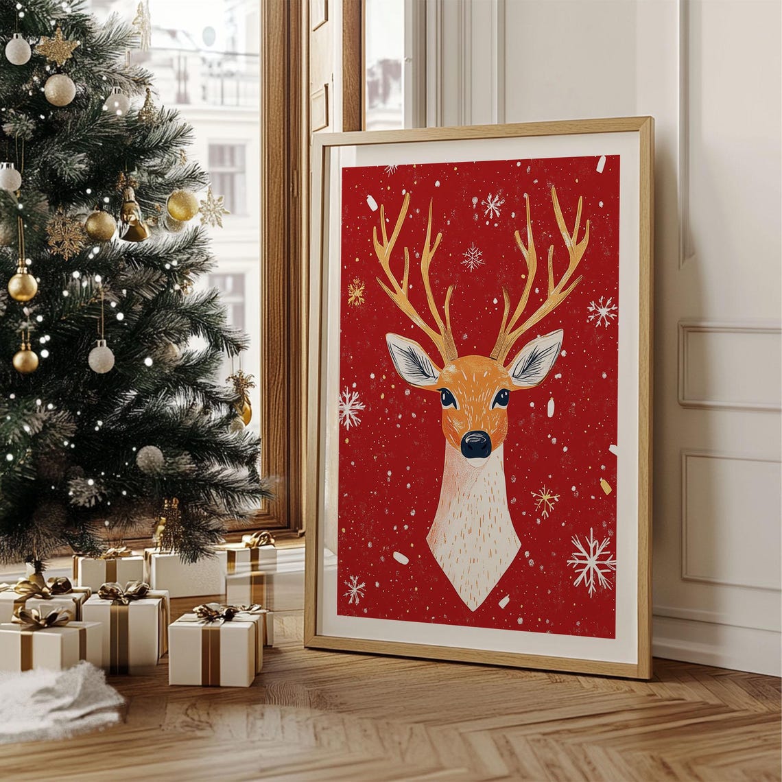 Illustrated Deer Head with Golden Antlers on Red Christmas Poster - Image 2