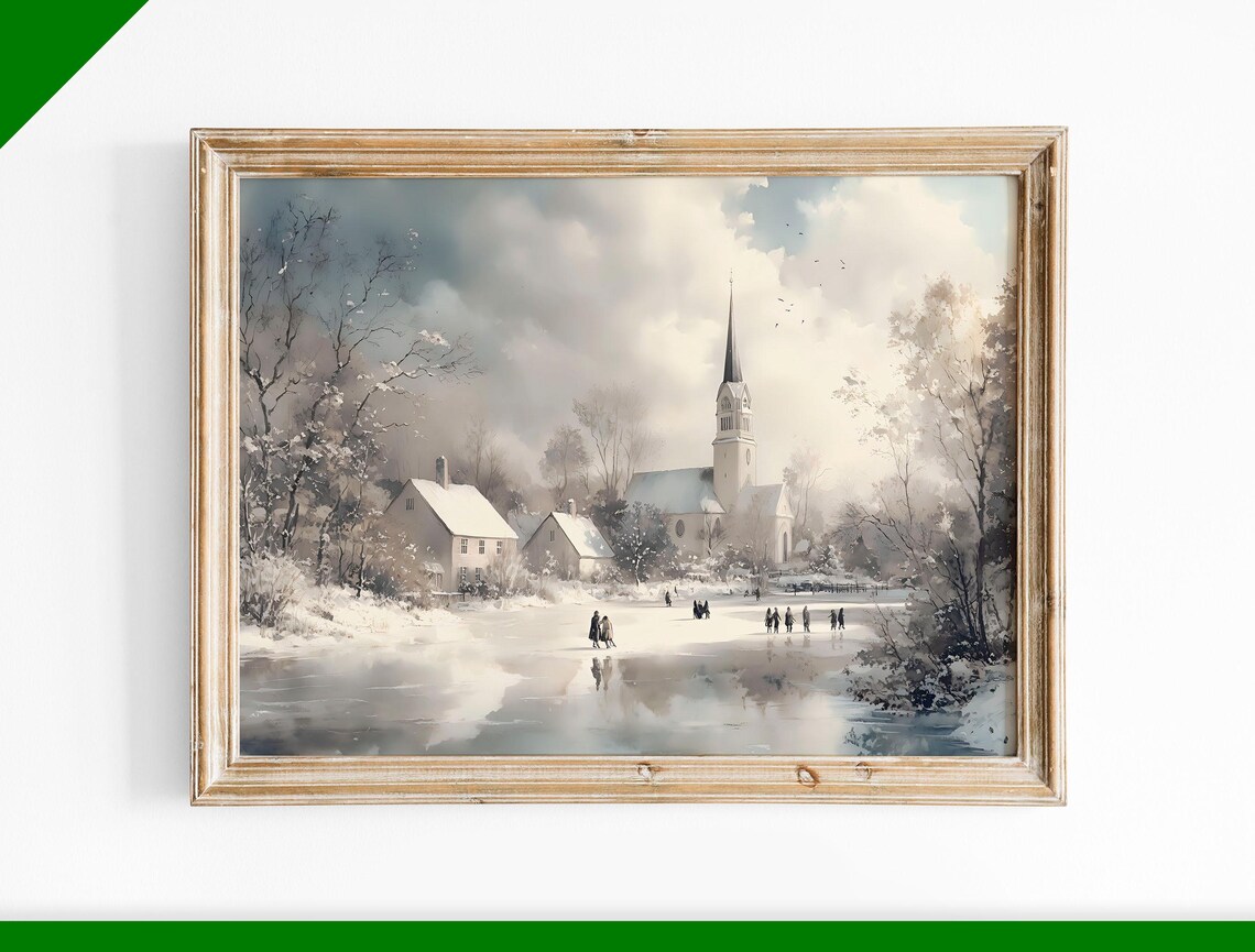 Winter Church Skaters Pond Watercolor Village Snowy Scene Poster