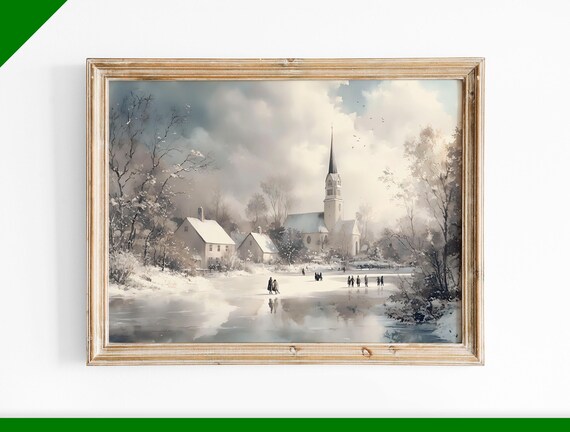 Winter Church Skaters Pond Watercolor Village Snowy Scene Poster