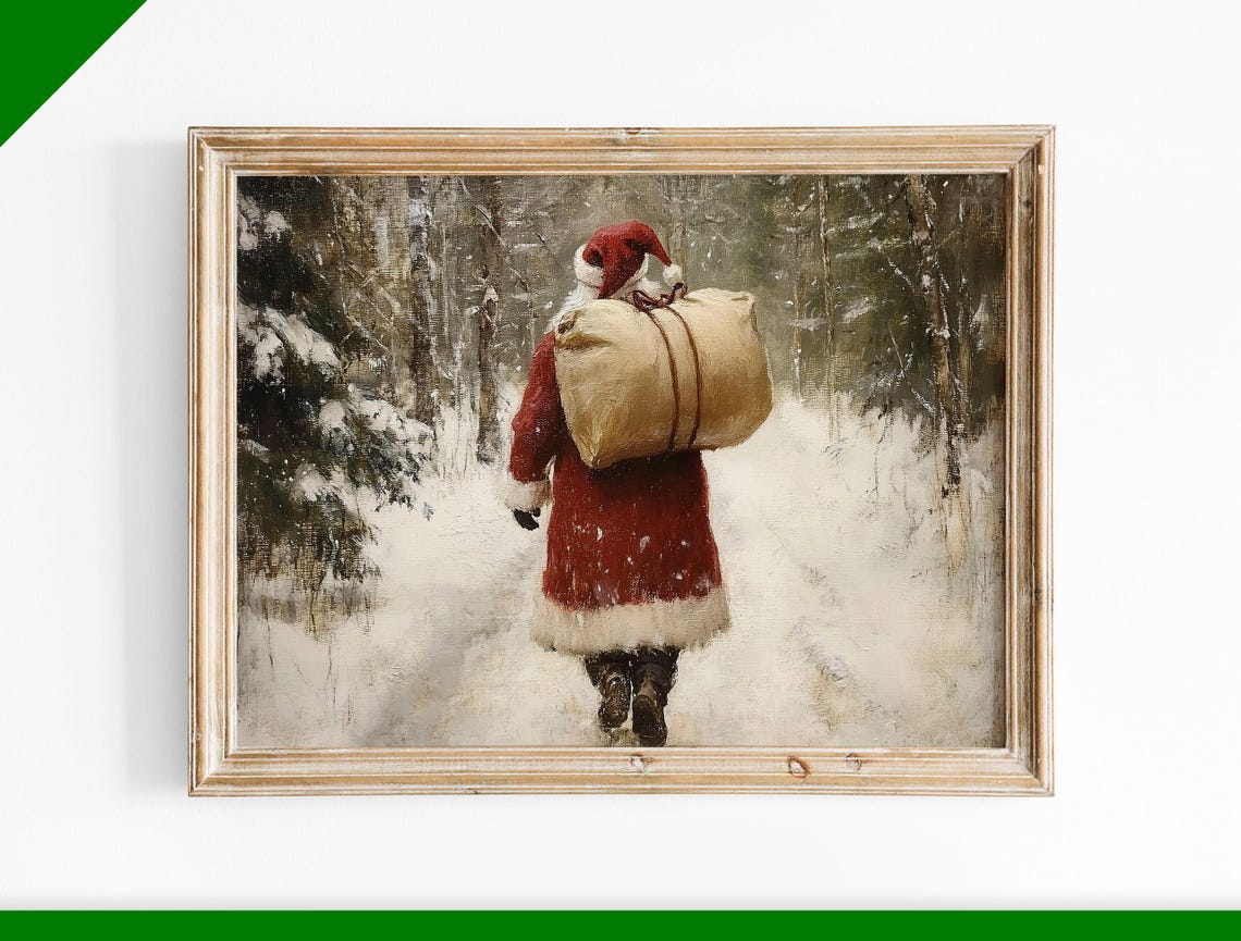 Santa Claus Carrying Gift Sack Through Snowy Forest Vintage Poster