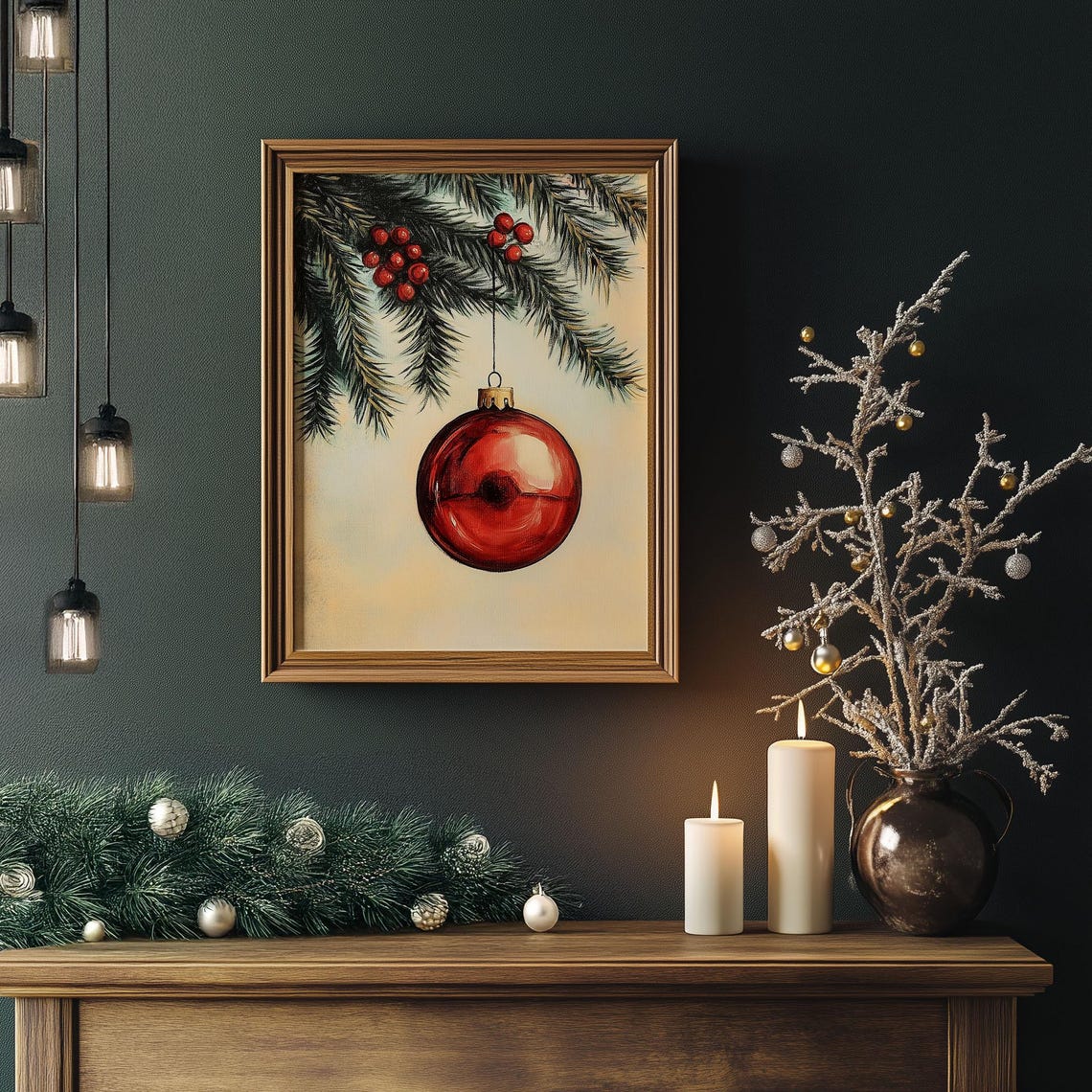 Glossy Red Christmas Bauble Hanging From Pine Branch Vintage Poster - Image 4