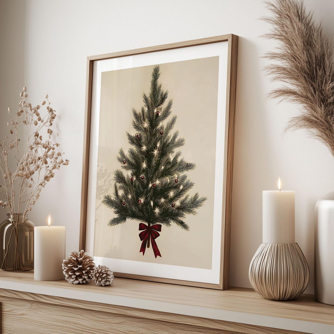 Sparse Minimalist Christmas Tree with Lights and Red Bow Poster - Image 3