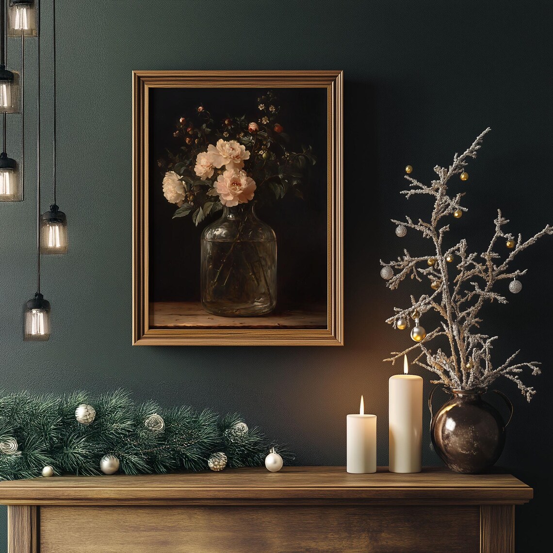 Dark Moody White Peony Flowers in Glass Vase Still Life Poster - Image 3