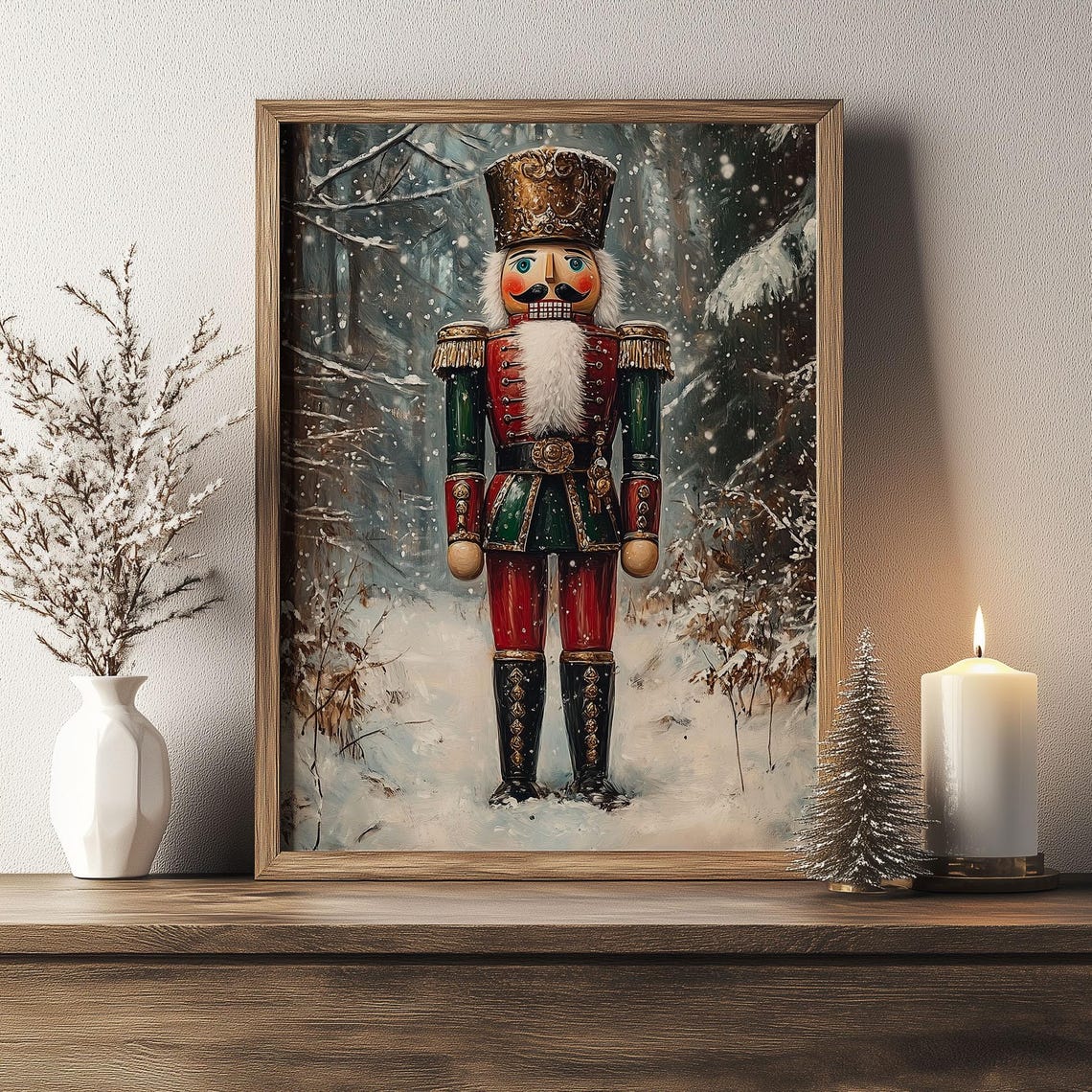 Tall Nutcracker Soldier Standing in Snowy Forest Christmas Poster - Image 2