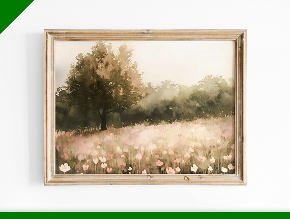 Soft Pink Tulips Field Dreamy Watercolor Flower Meadow Poster