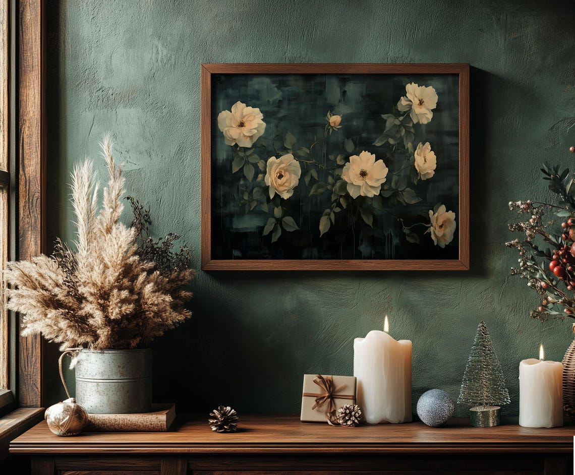 Cream Roses on Dark Background Moody Vintage Floral Oil Poster - Image 5
