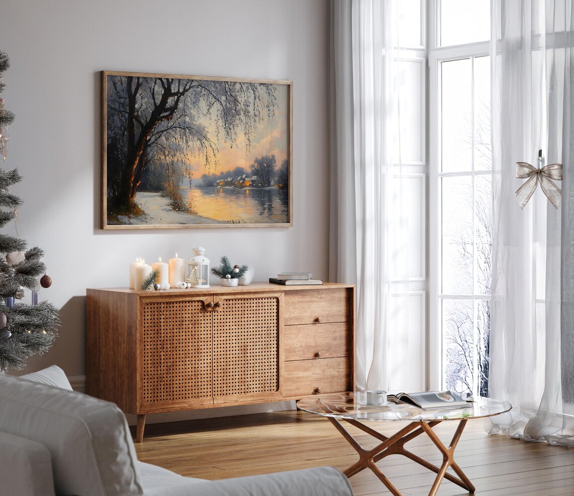 Winter Riverside Sunset Willow Trees Glowing Village Oil Painting Poster - Image 4
