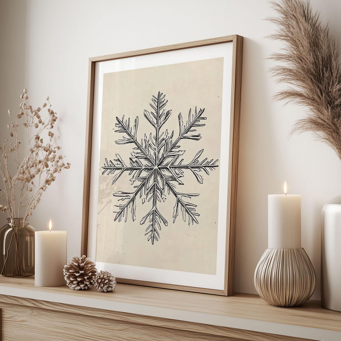 Delicate Pencil Snowflake Sketch Vintage Botanical Winter Wall Art - Image 2