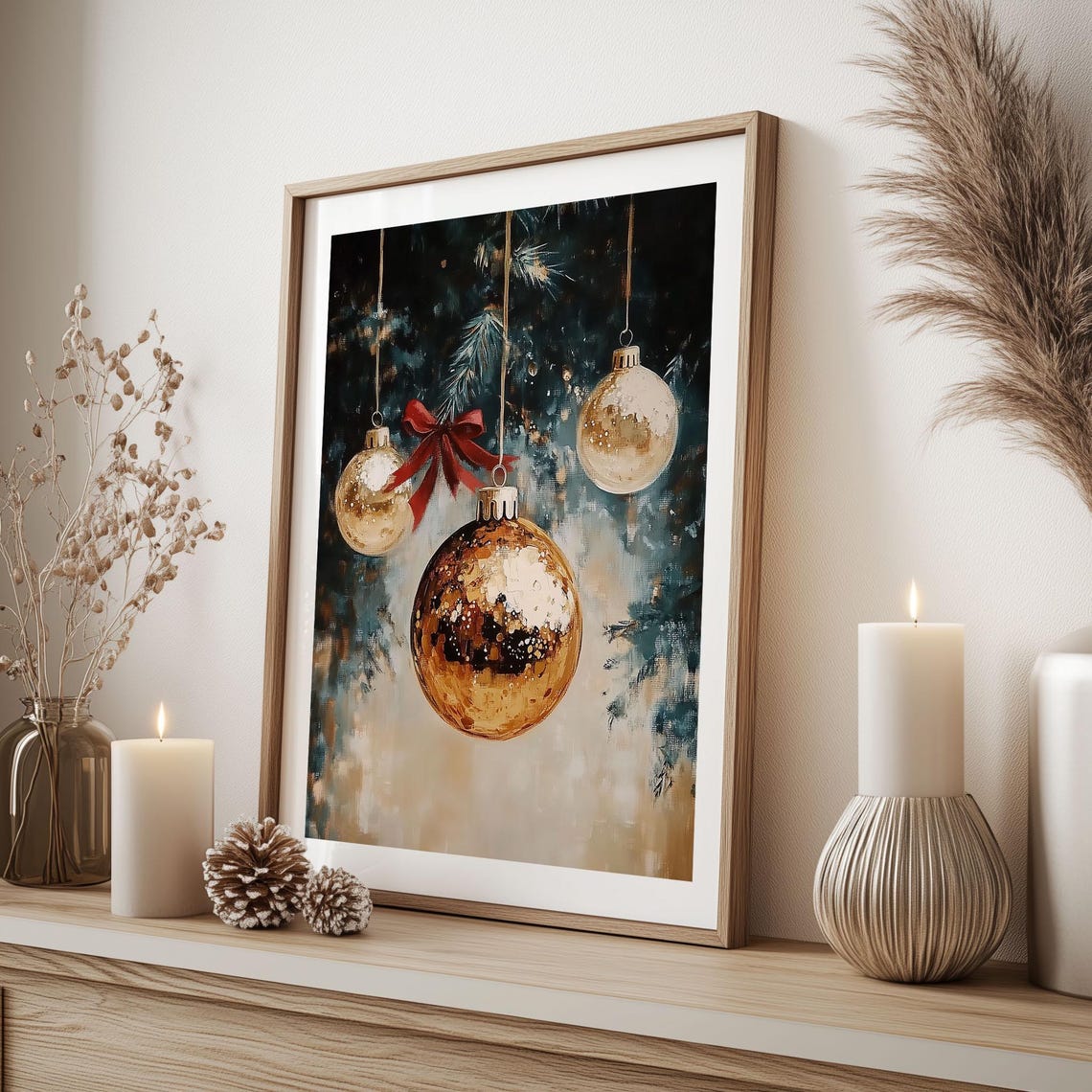Gold Baubles with Red Bow Impressionist Christmas Ornament Poster - Image 3