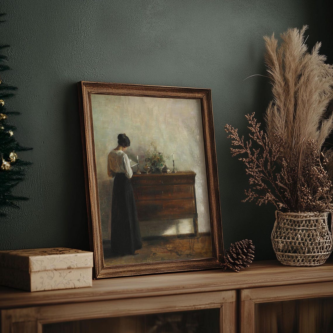 Woman Reading at Sideboard Candlelight Vintage Interior Poster - Image 6