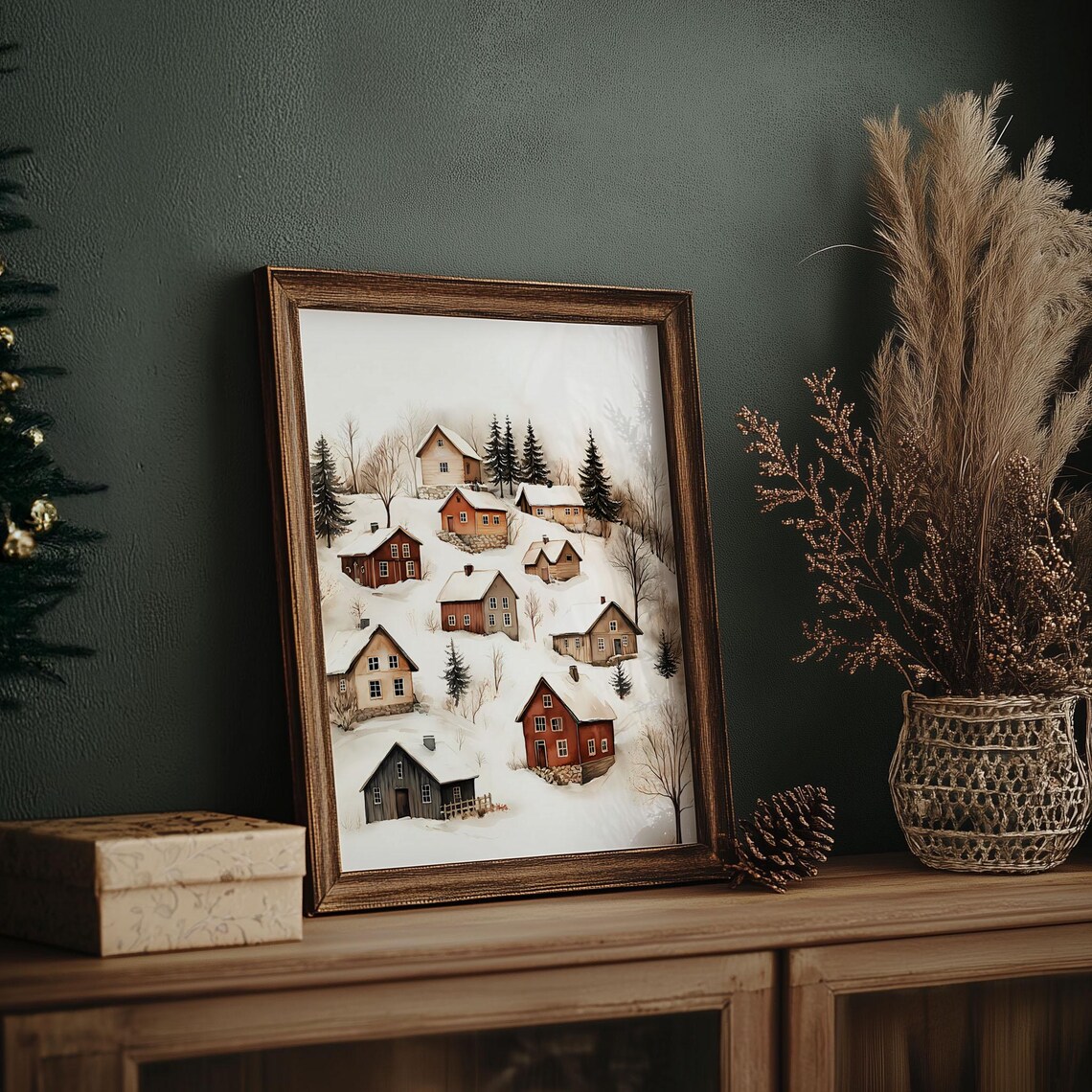 Snowy Nordic Village Hillside Cabins Watercolor Christmas Poster - Image 6