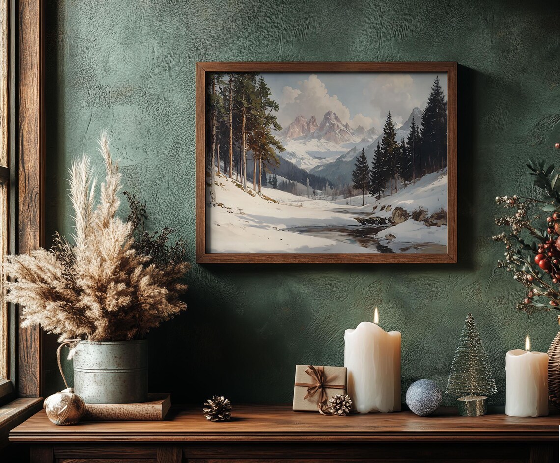 Winter Mountain Valley Stream Snowy Peaks Oil Painting Poster - Image 4