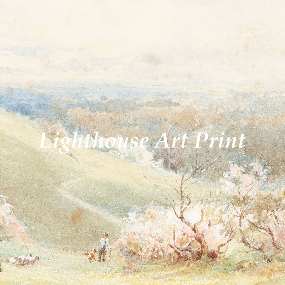 Spring Hillside Blossom Trees Sheep Watercolor Landscape Poster - Image 3