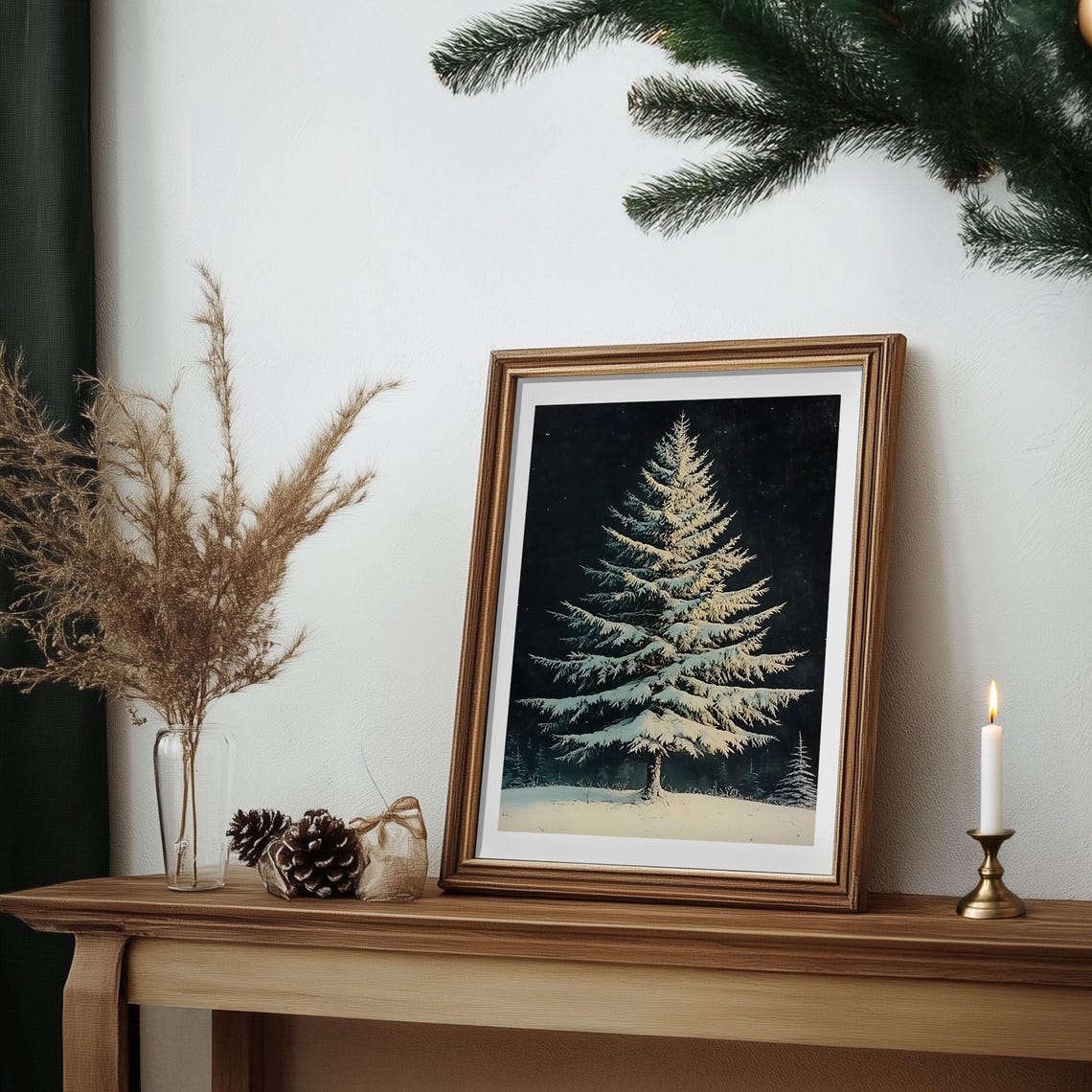 Moonlit Snowy Evergreen Dark Night Sky Vintage Winter Tree Poster - Image 7