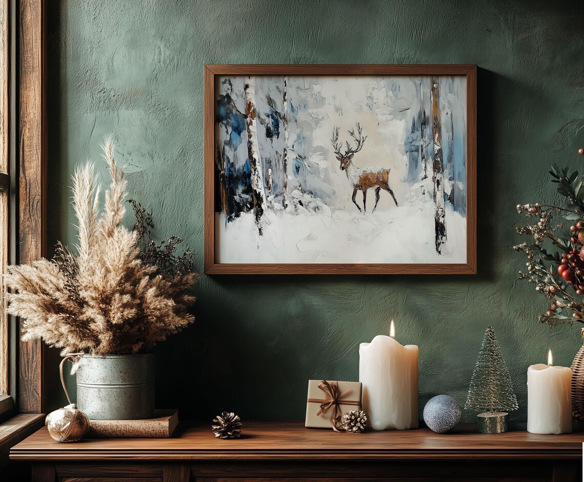Reindeer Stag in Blue Snowy Forest Loose Winter Oil Painting Poster - Image 6