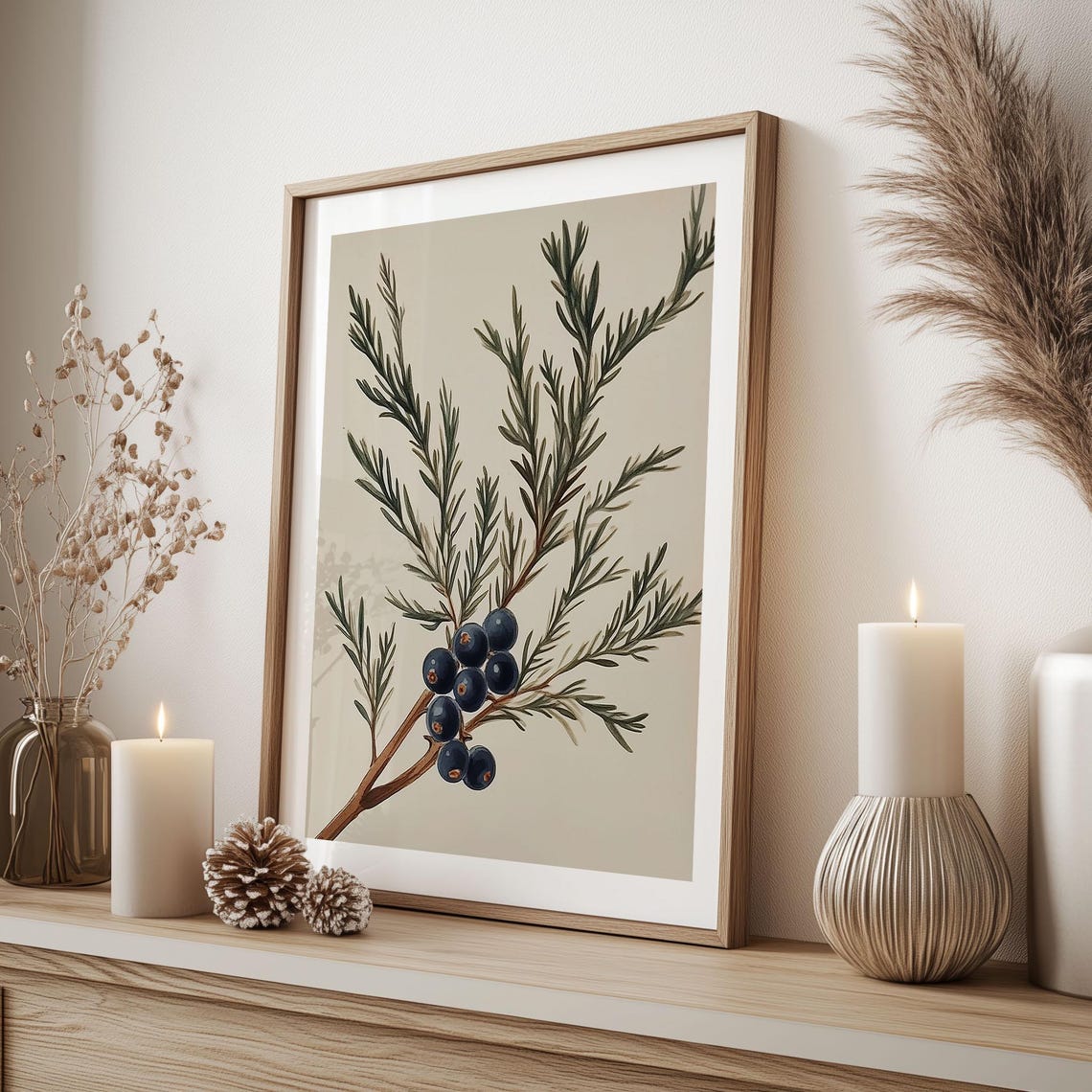 Juniper Branch With Dark Berries Vintage Botanical Winter Wall Art - Image 5