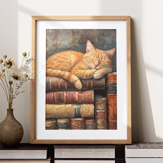 Ginger Cat Sleeping On Books, Light Academia Art Print