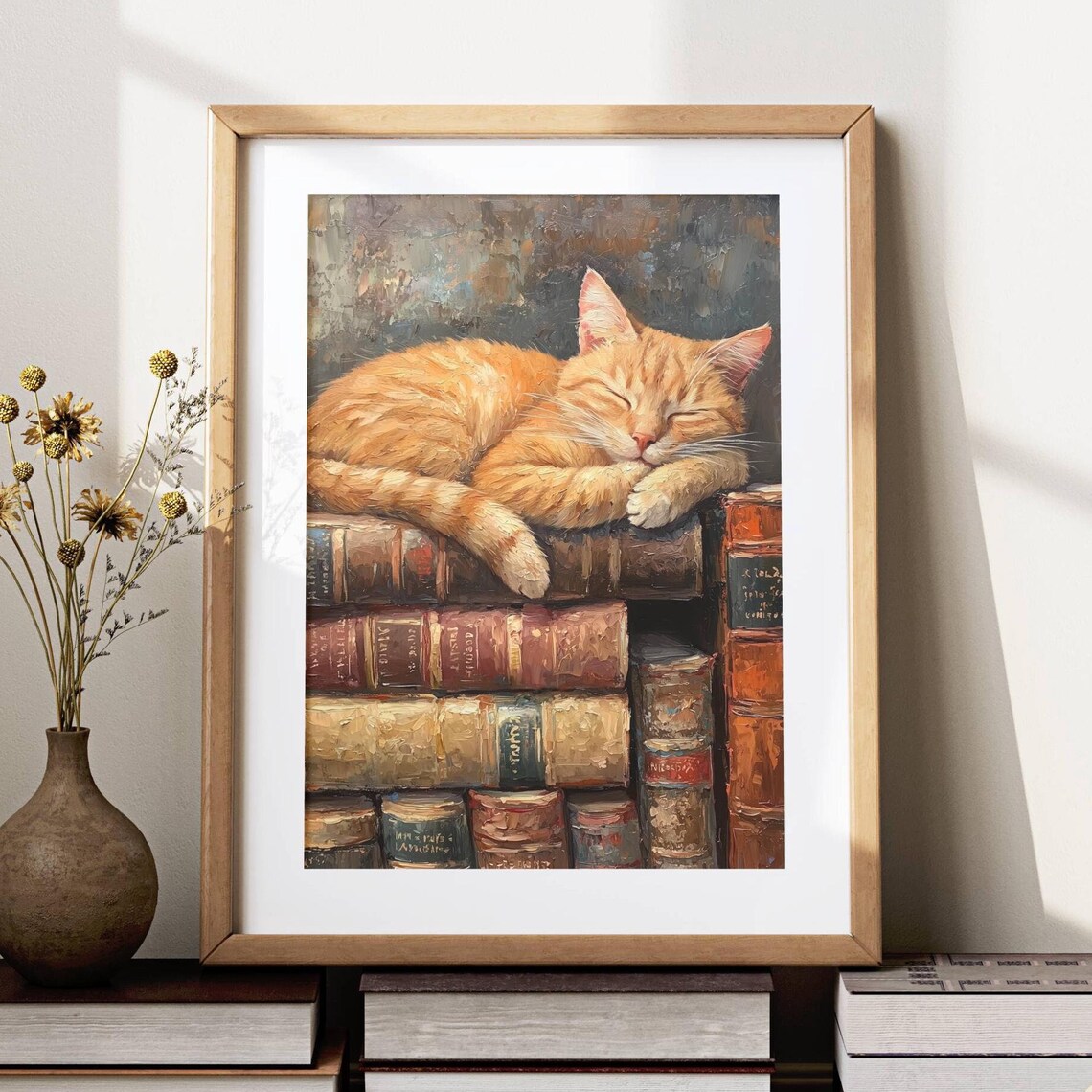 Ginger Cat Sleeping On Books, Light Academia Art Print