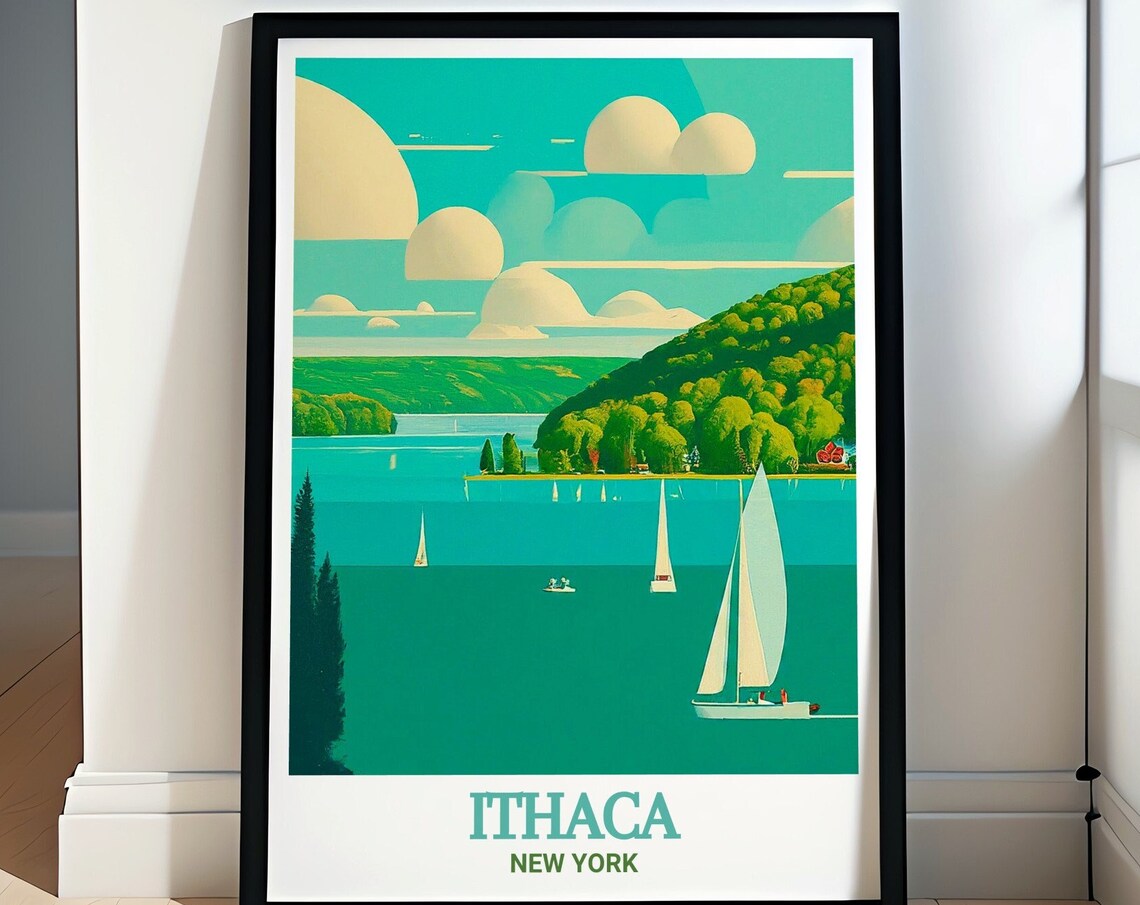 Ithaca Cayuga Lake Sailboats Retro New York Lakeside Sailing Poster