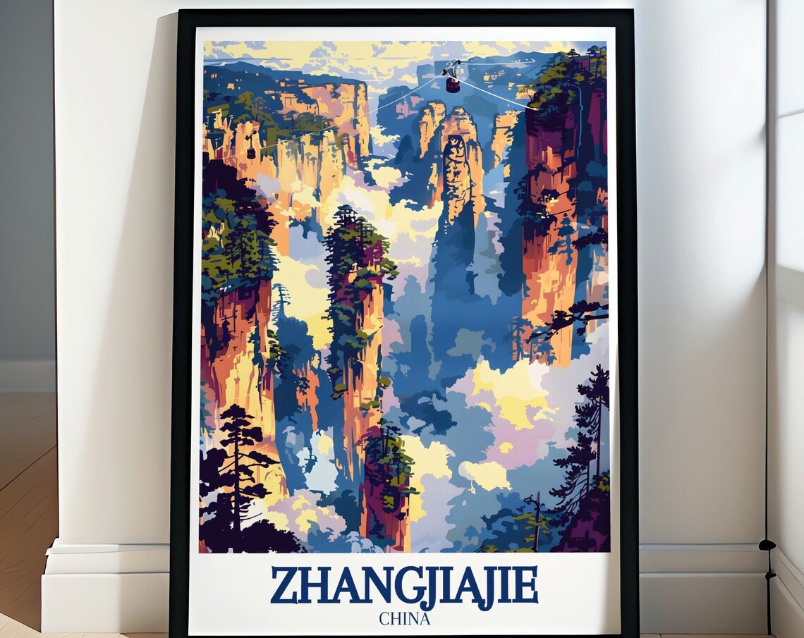 Zhangjiajie China Towering Sandstone Pillars Cable Car Travel Poster