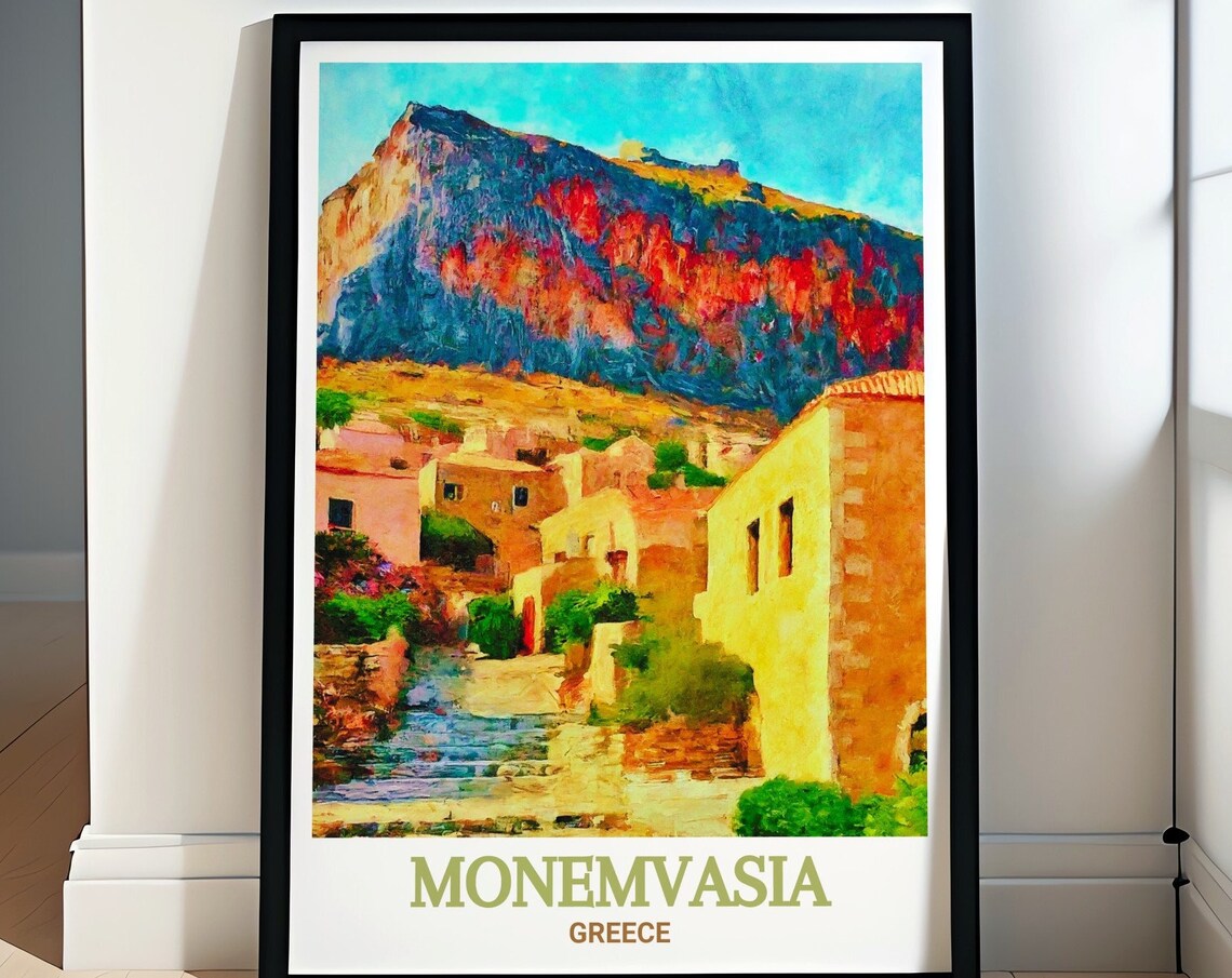 Monemvasia Castle Rock Sunlit Old Town Houses Greece Travel Poster